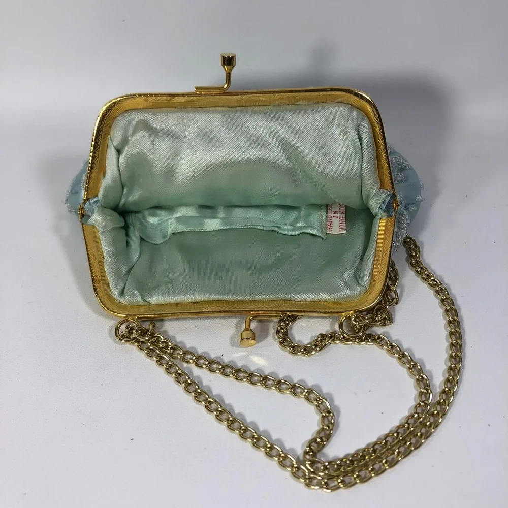 Vintage Satin Beaded Evening Bag with Gold Chain  - Baby Blue Made in Hong Kong - Picture 3 of 3
